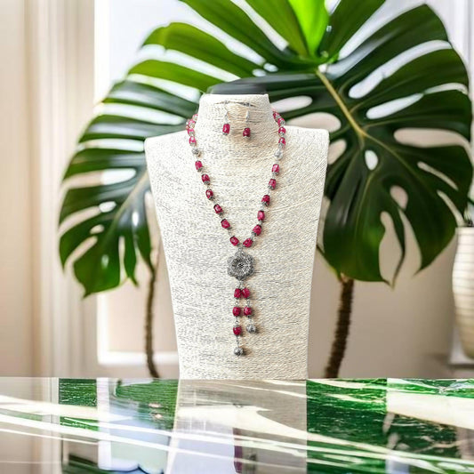 Pink Onyx and Long Silver  Necklace  set