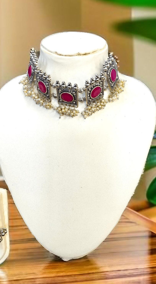 Pink Silver  Kundan Choker set