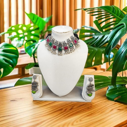 Pink and Green Silver  Kundan Necklace set