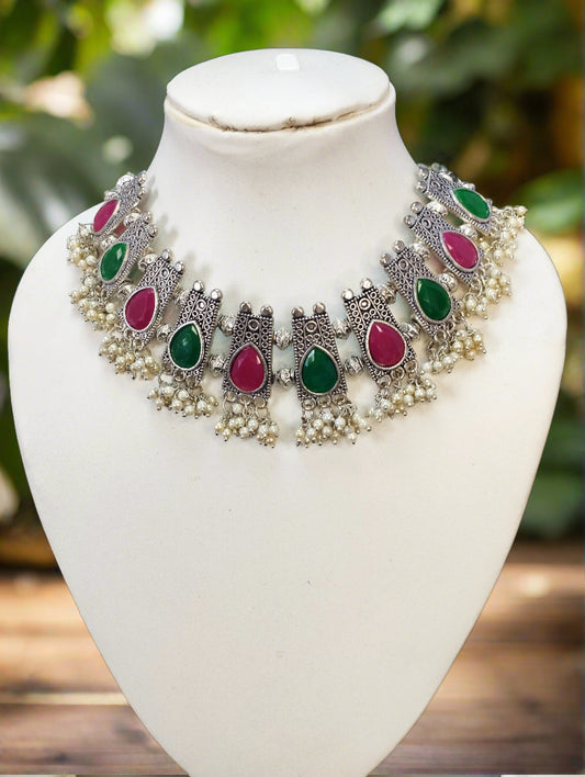 Green and pink  Silver  Kundan Choker/Necklace set