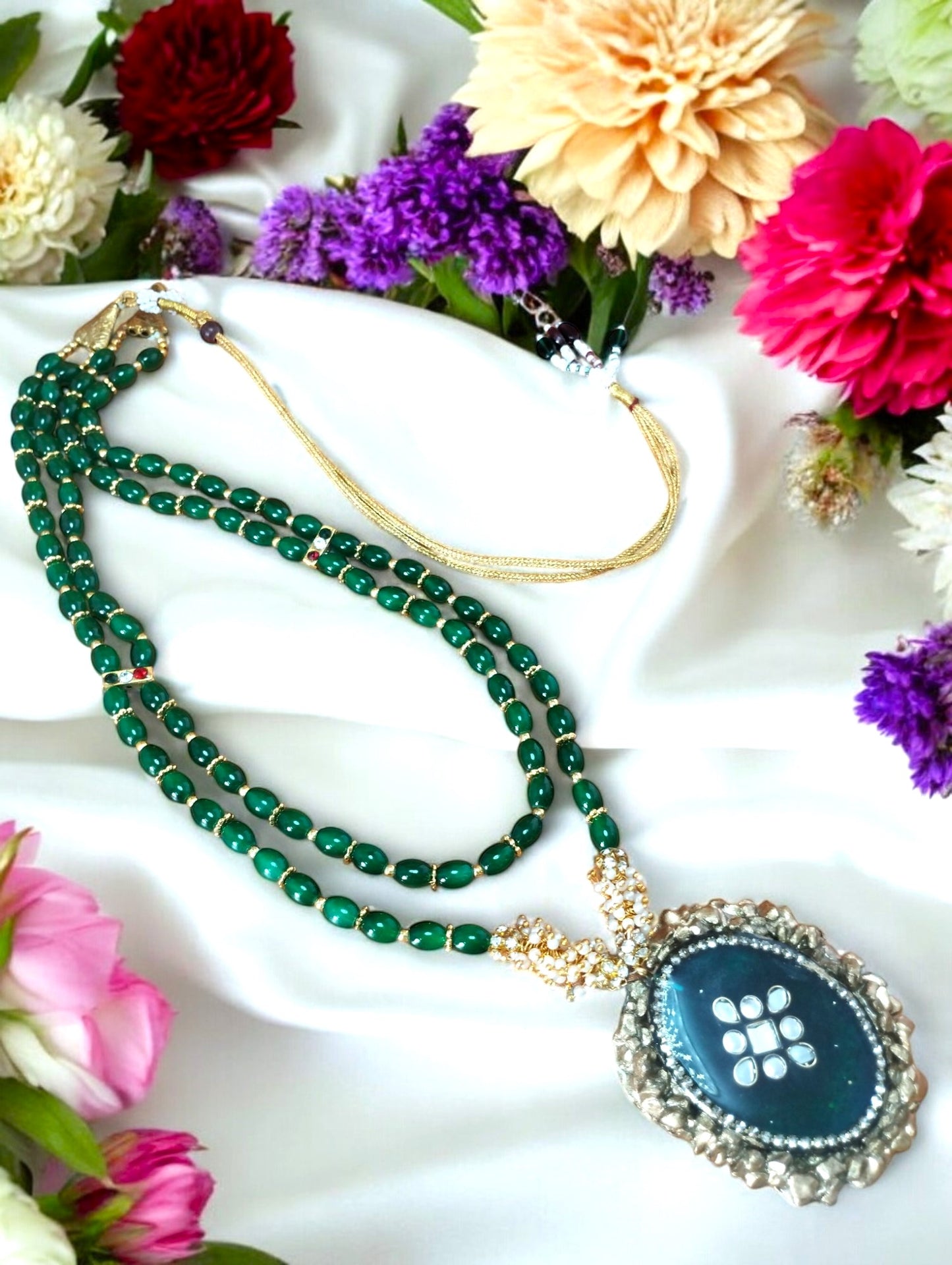 Green Long 2 layer Necklace Resin Pendant